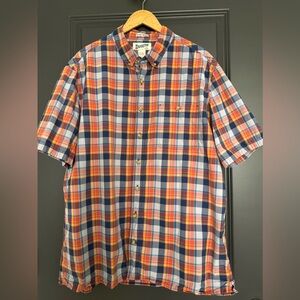 Duluth Trading Co Plaid Button Down Shirt XL Tall Orange Blue Short Sleeve